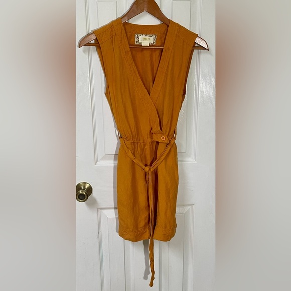 Anthropologie Maeve Luana Romper Size 2 Yellow Orange Tie Belt Boho Linen Blend - Picture 3 of 13